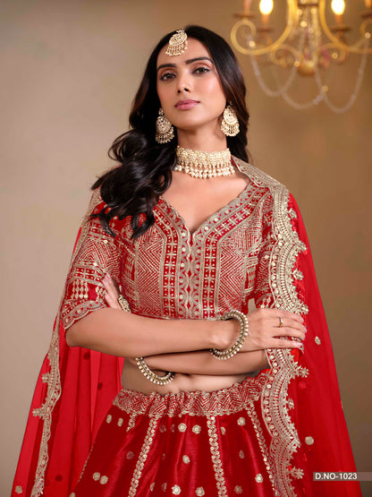 Embroidered Art Silk Lehenga with Cutwork Dupatta