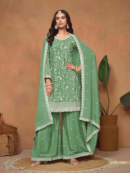 Embroidered Chinon Palazzo Suit with Sequins Dupatta