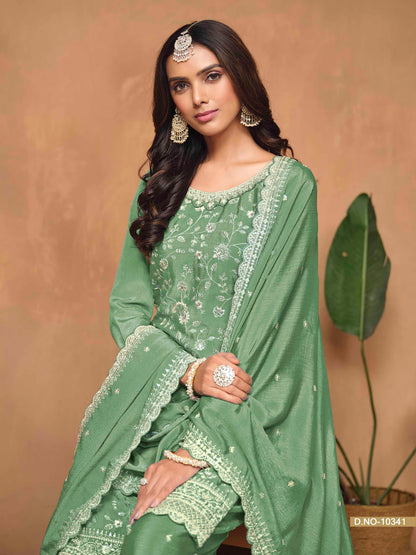 Embroidered Chinon Palazzo Suit with Sequins Dupatta