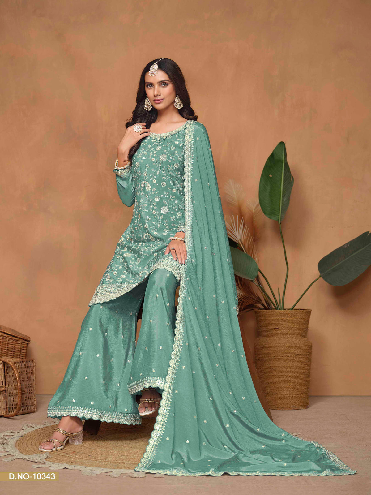Embroidered Chinon Palazzo Suit with Sequins Dupatta