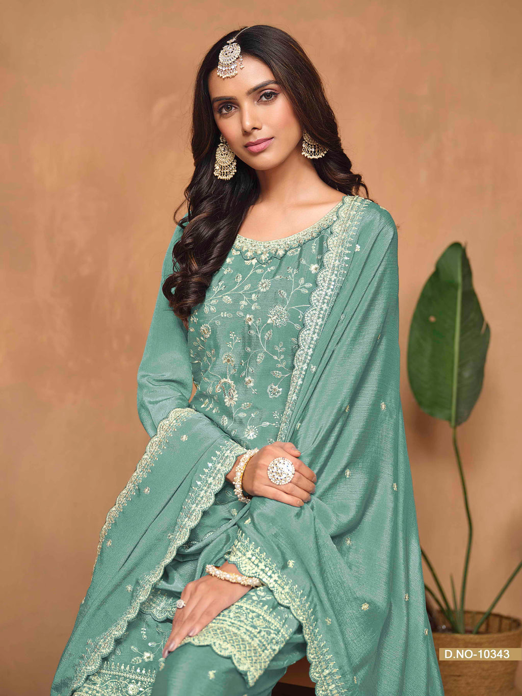 Embroidered Chinon Palazzo Suit with Sequins Dupatta