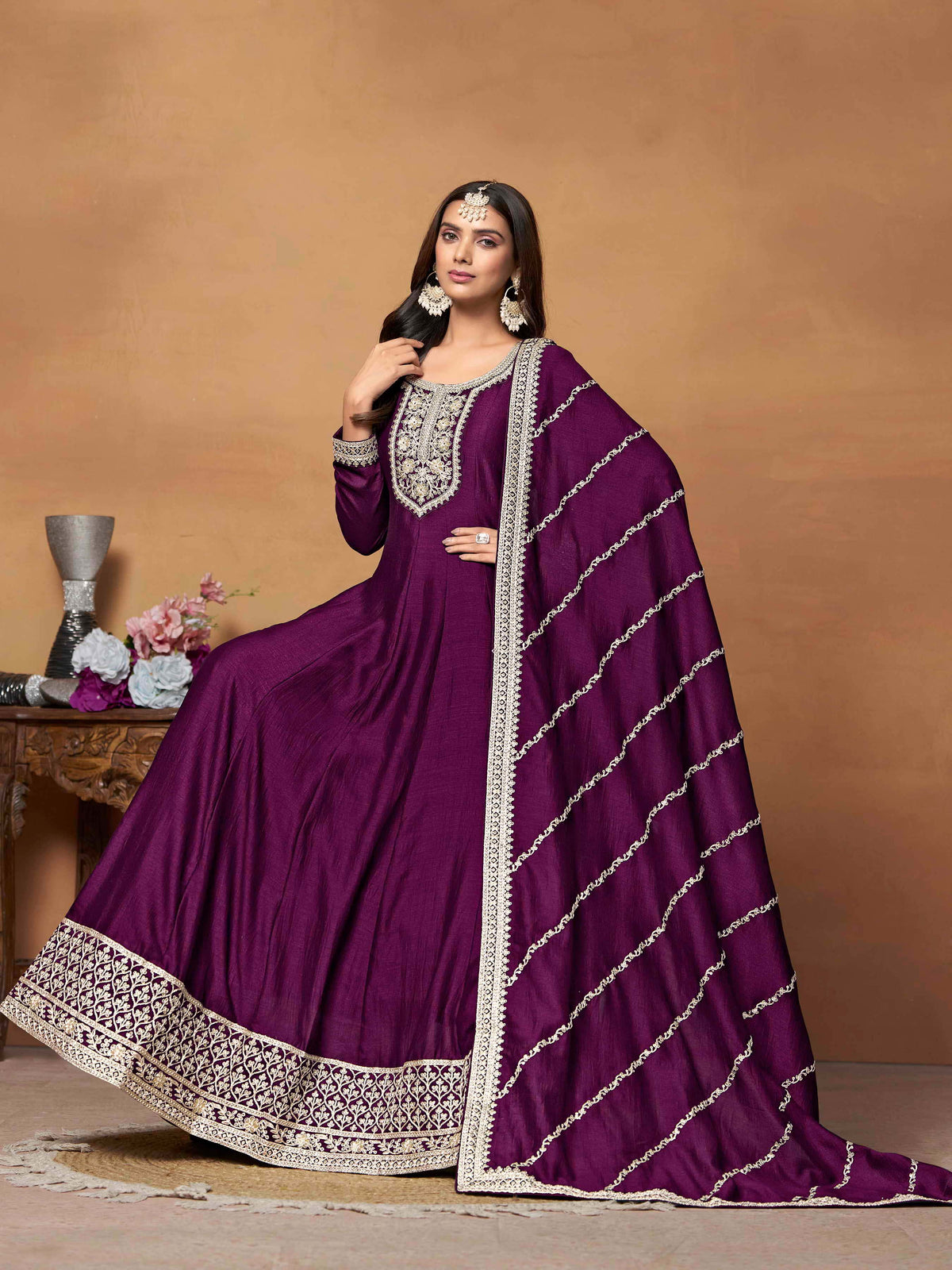 Embroidered Art Silk Gown with Dupatta