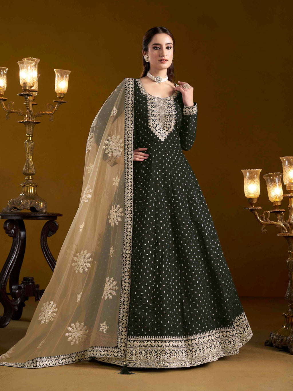 Embroidered Chanderi Butti Gown with Net Lace Dupatta