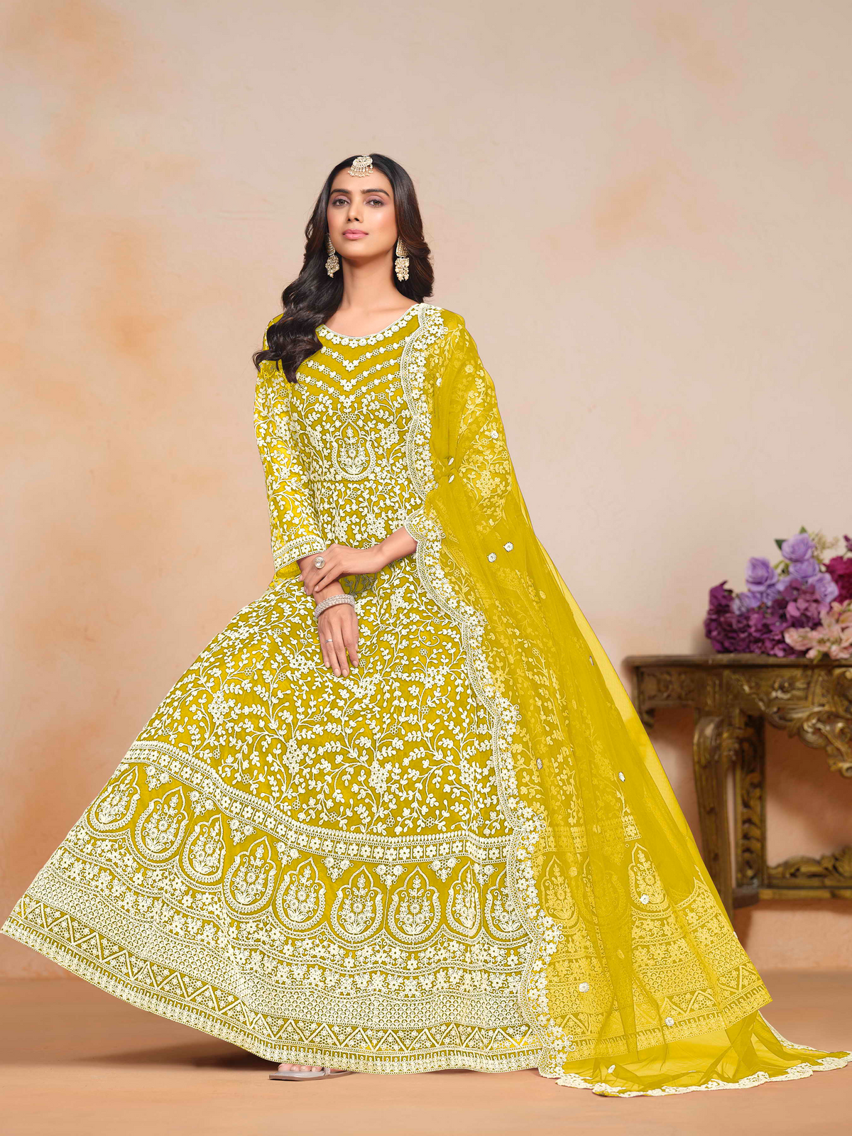 Embroidered Net Anarkali Gown with Dori Work