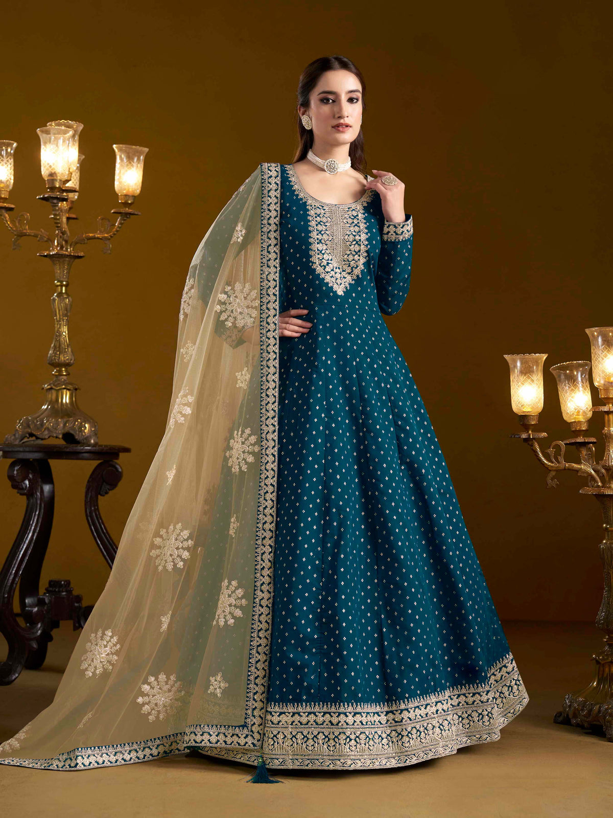 Embroidered Chanderi Butti Gown with Net Lace Dupatta