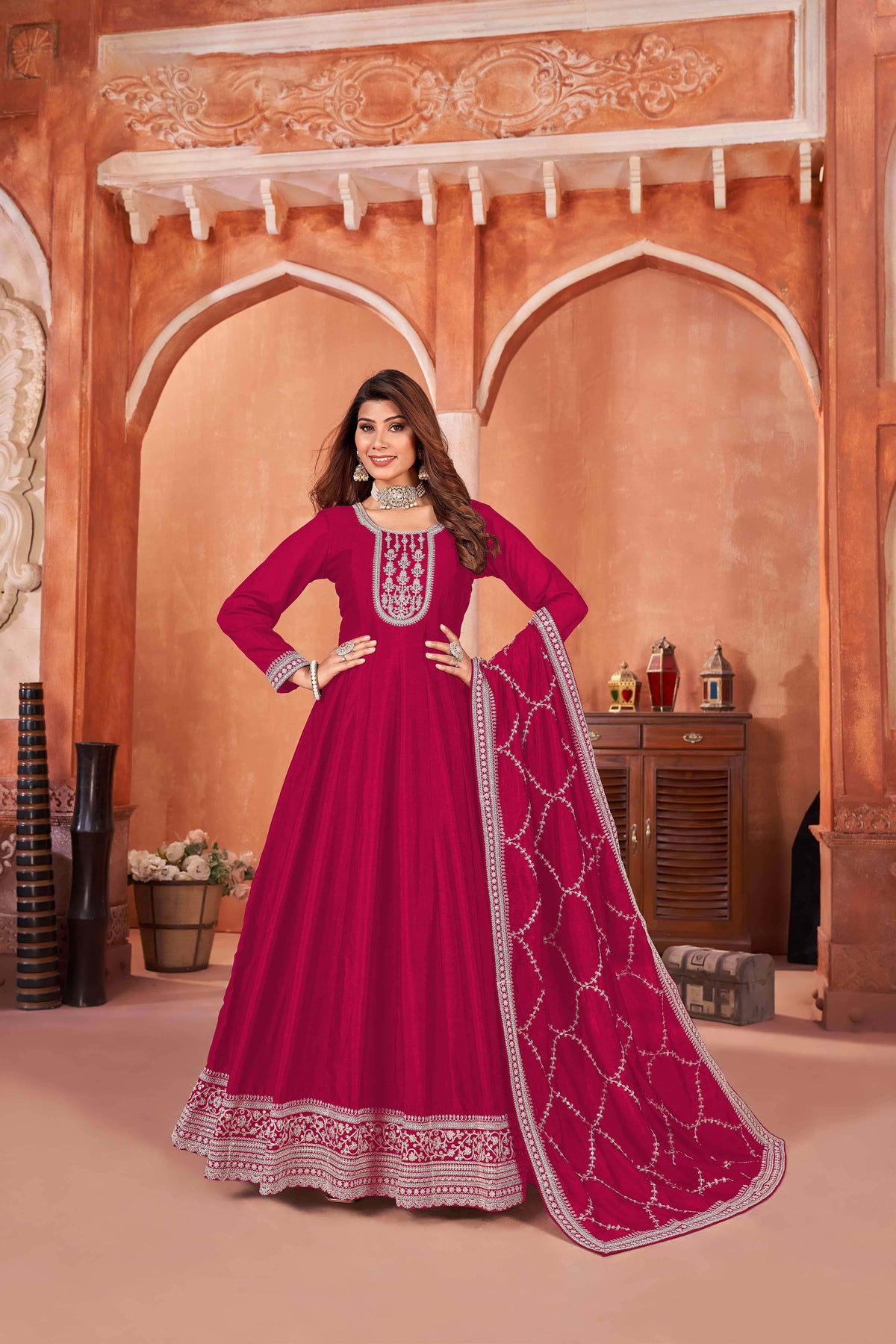 Embroidered Art Silk Gown with Lace Dupatta