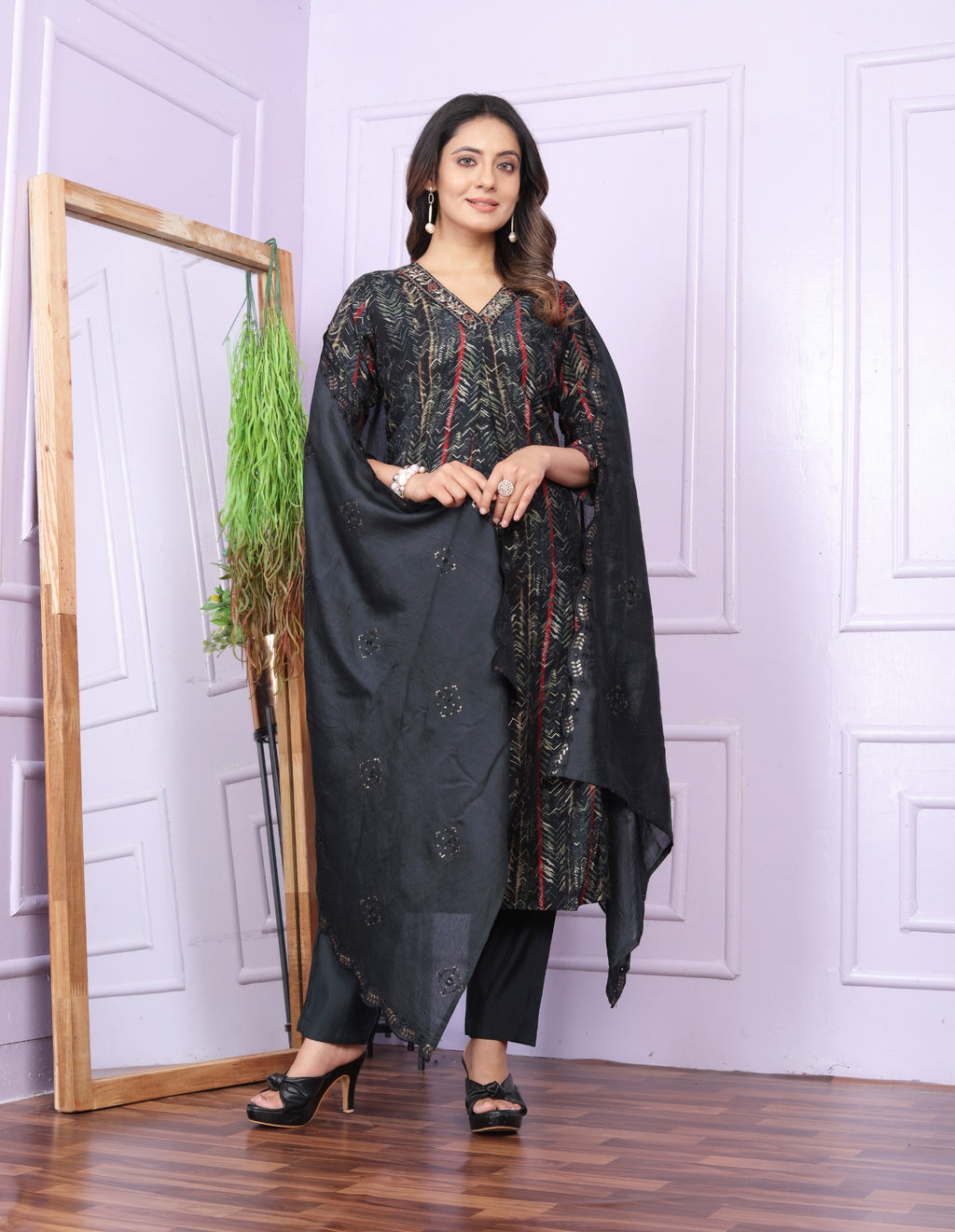Modal Silk V-Neck Black Kurti with Handwork