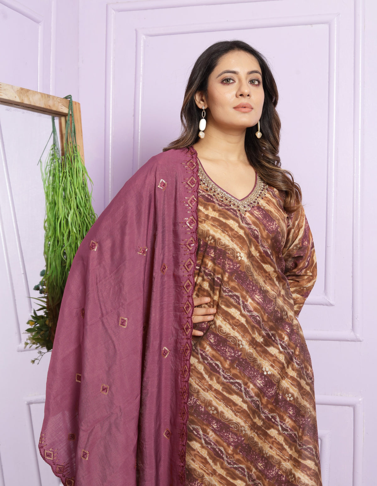 Modal Silk V-Neck Kurti Set in Sand & Rubine