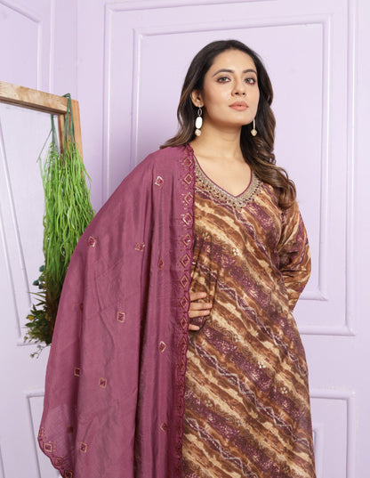 Modal Silk V-Neck Kurti Set in Sand & Rubine