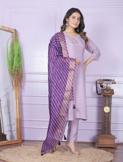 Purple Viscose Muslin Handworked Kurti Set