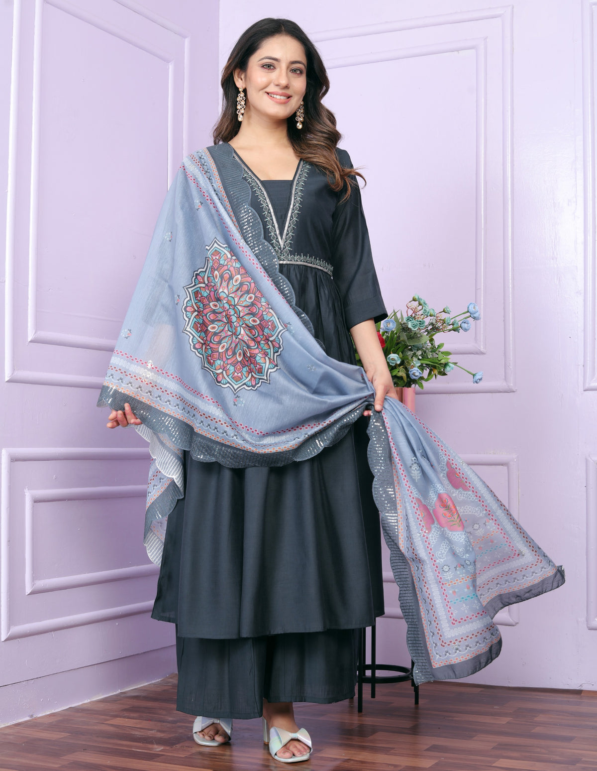 Blue Viscose Slub V-Neck Gher Kurti with Palazzo