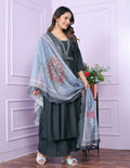 Blue Viscose Slub V-Neck Gher Kurti with Palazzo