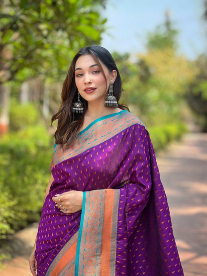 Paithani Silk Saree with Zari & Contrast Pallu